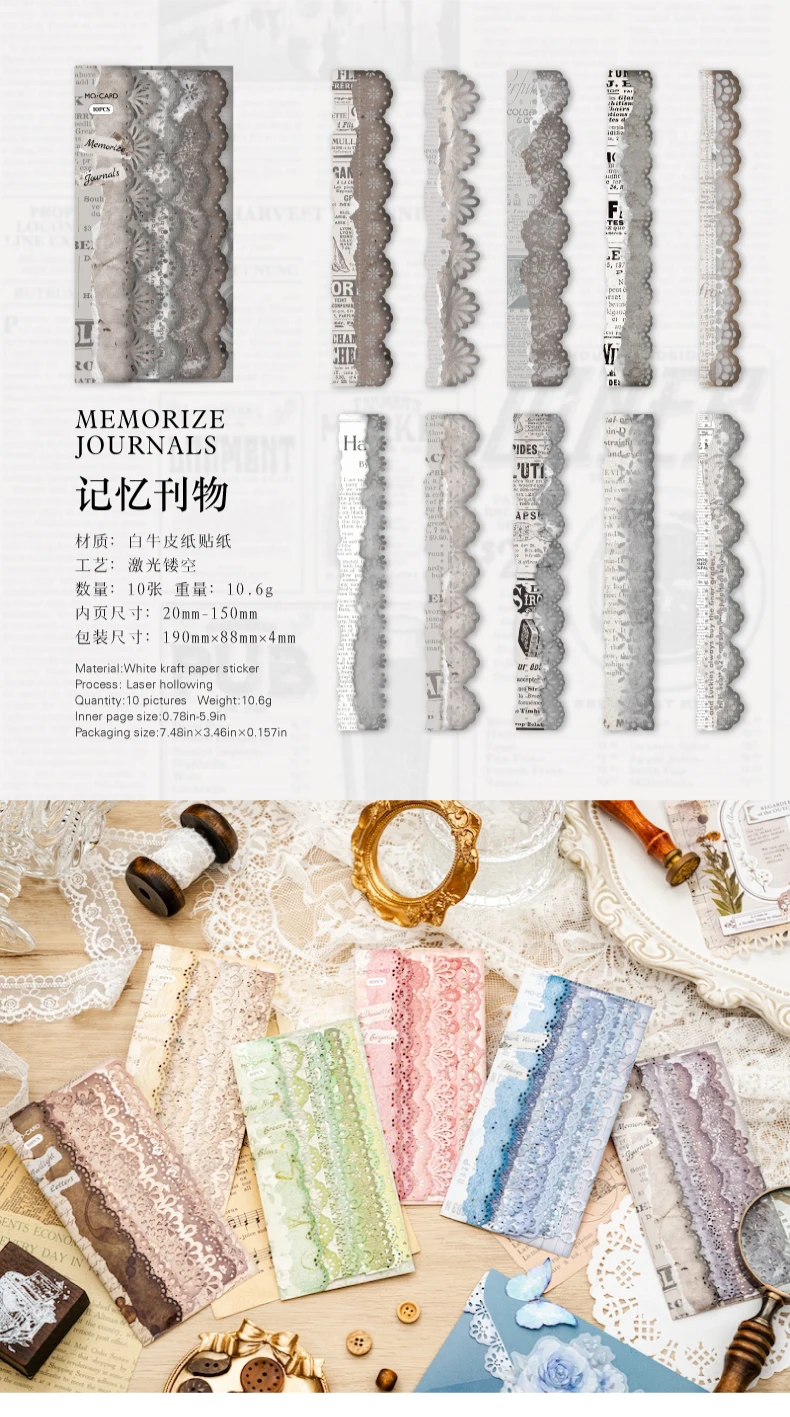 JIANQI 10 teile/paket Vintage Spitze Aufkleber DIY Dekorative Junk Journal Aufkleber Für Sammelalbum Label Tagebuch Album Planer – Detail 11