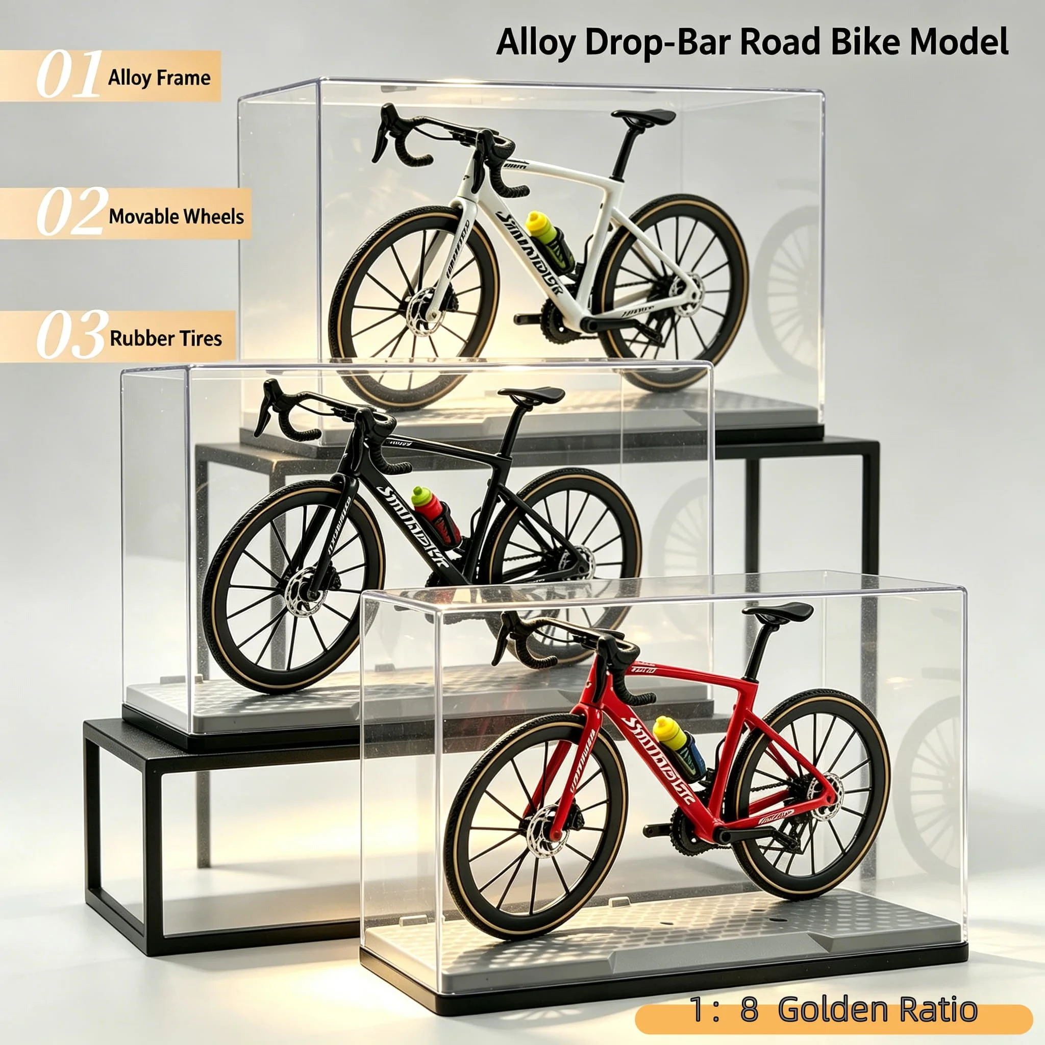 1:8 Scale Alloy Road Bike Model Movable Pedals Wheels Retractable Kickstand Bicycle Model Collection Toy Gift
