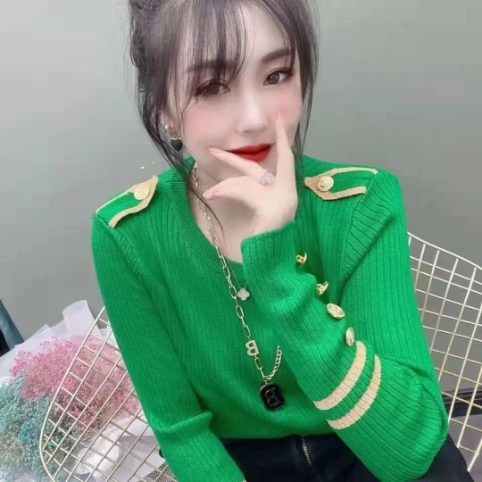 

Cool Button Green Long Sleeve Loose Tops Slim Woman Pullover Knitted Sweater Jumper Spring Top Cloth Clothes for Women Girl Lady