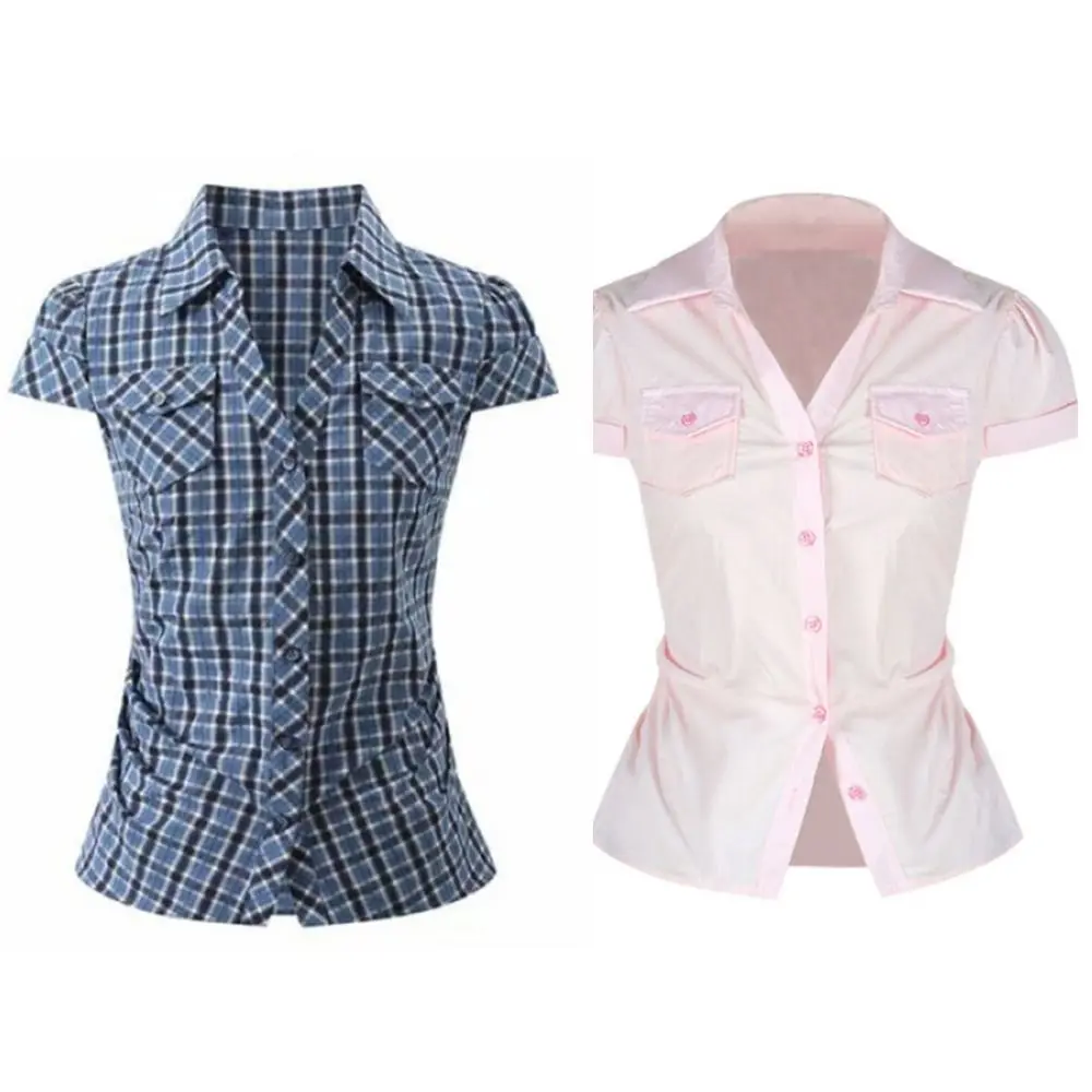 Casual Short Blue Grid Shirt Korean Style Streetwear Women Blue Grid Blouse Pink Ruffle Long Sleeve Tops Travel