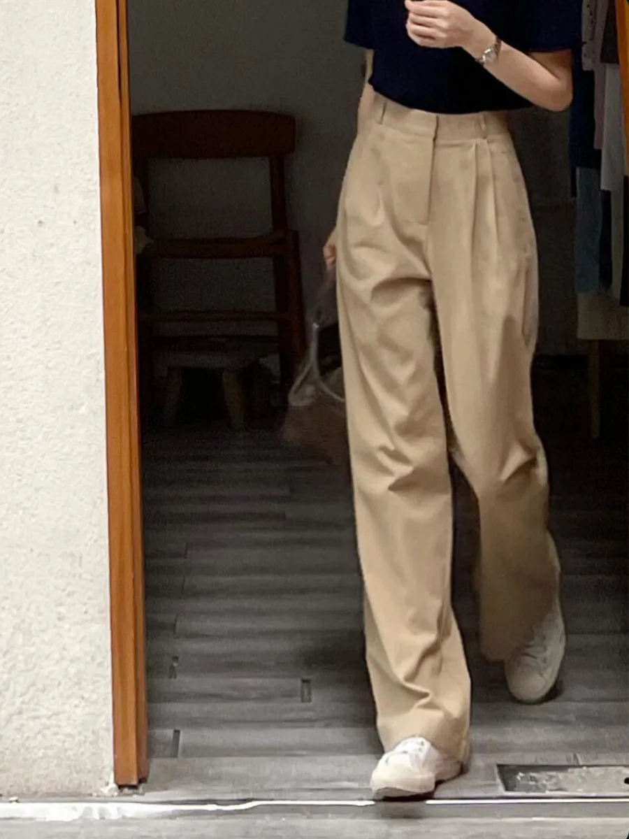 Khaki High Waist Wide Leg Suit Casual Pants Women's Loose