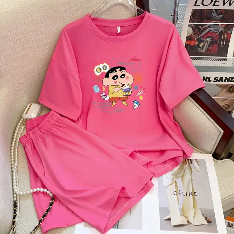 

Crayon Shin Chan Kawaii Short Sleeve Anime Cute Cartoon Bandai Collar Short Sleeved Shorts Loose Home Clothing Set Girl Toy