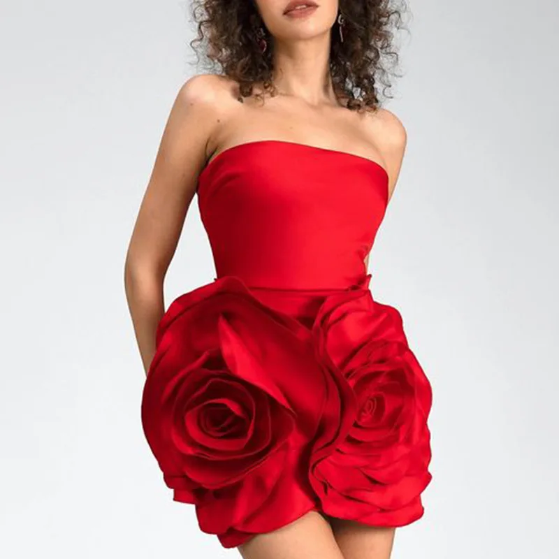 

Harajpee French Temperament Sexy Dinner Dress 2024 New Fashion Versatile Strapless Three-dimensional Rose Flower Dresses Vestido