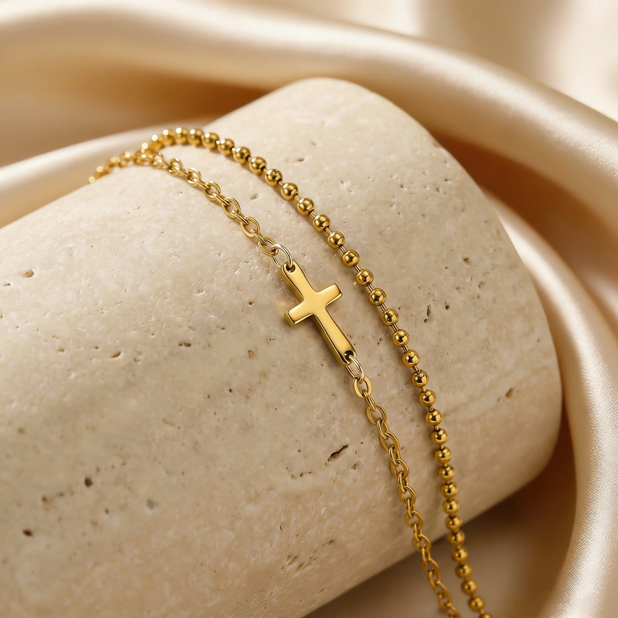 Edelstahl Doppelschicht-Kreuzarmband für Frauen, Vergoldet, Nicht Verblassende Perlen-Kettenarmbänder, Religiöser Schmuck, Ostergeschenk