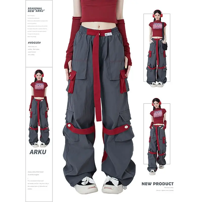 High Street Hip Hop Women Pants High Waist Color Block Overalls Wide-leg Casual Straight-leg Pants Y2k American Retro Streetwear gray camouflage overalls men and women summer retro casual pants street niche straight leg pants wide leg pants couple pants xl