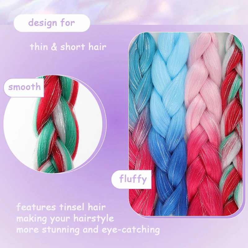 Synthetic Straight Hair Extensions Wig for Braiding Colored Jumbo Braids with Tinsel Hair for Women Kids Christmas&Party Use
