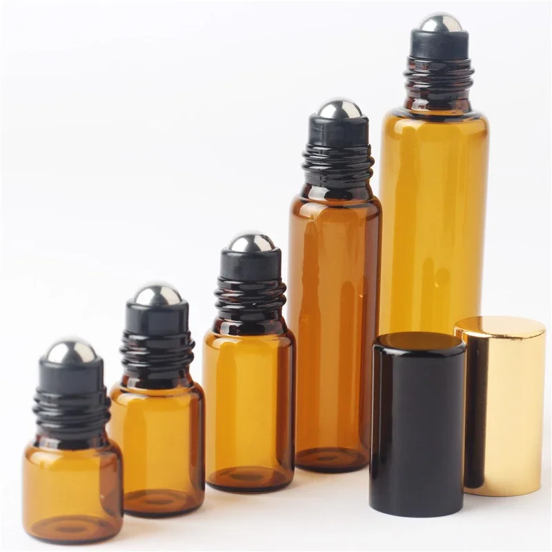 

10PCS 1/2/3/5/10ML Amber Roll on Roller Bottle Essential Oils Bottle Refillable Perfume Bottle Deodorant Containers with Caps