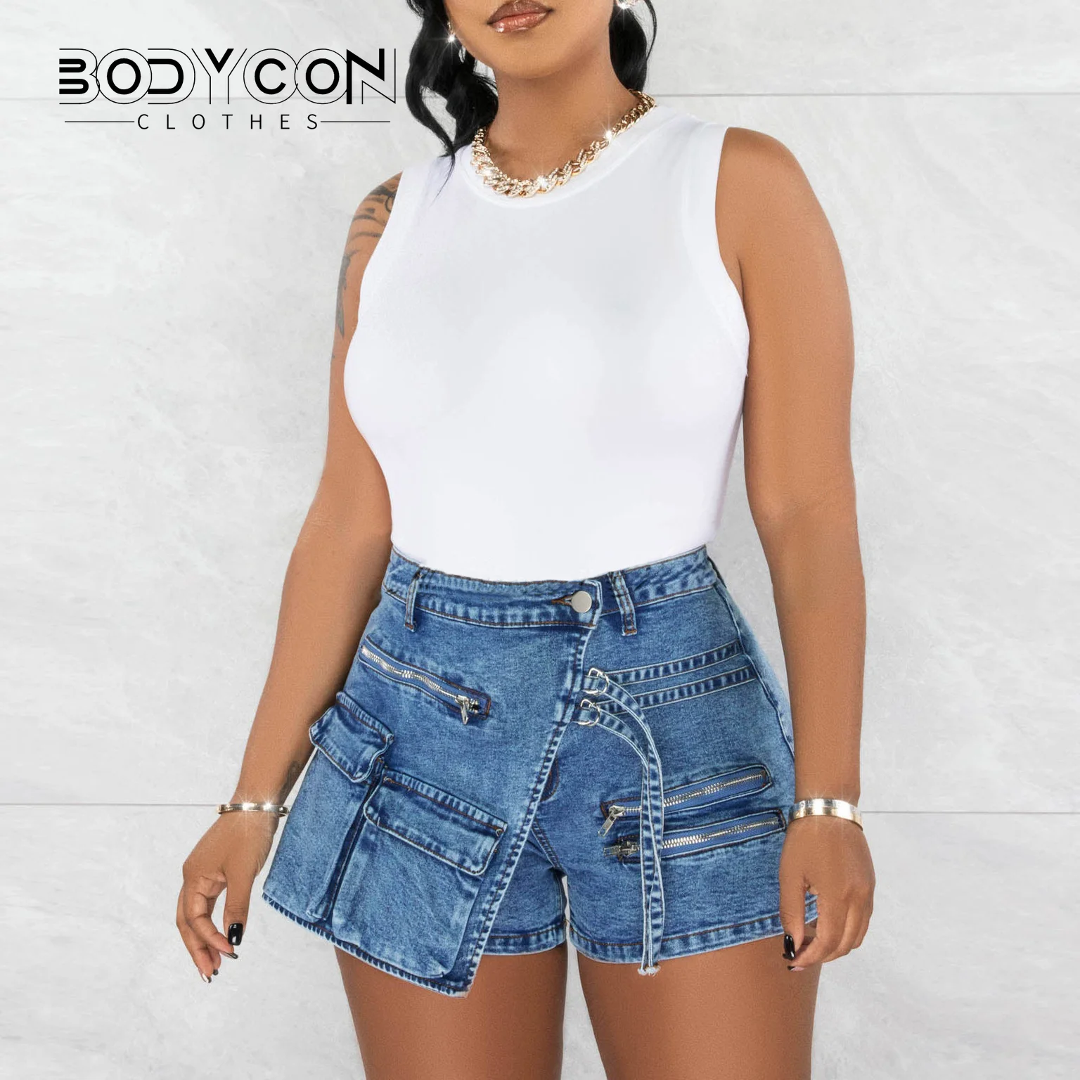 

BODYCON Women Zipper Fly Pocket Front Button Splicing A-line Skirt Jeans Shorts 2023 Summer INS Denim Blue Denim Shorts