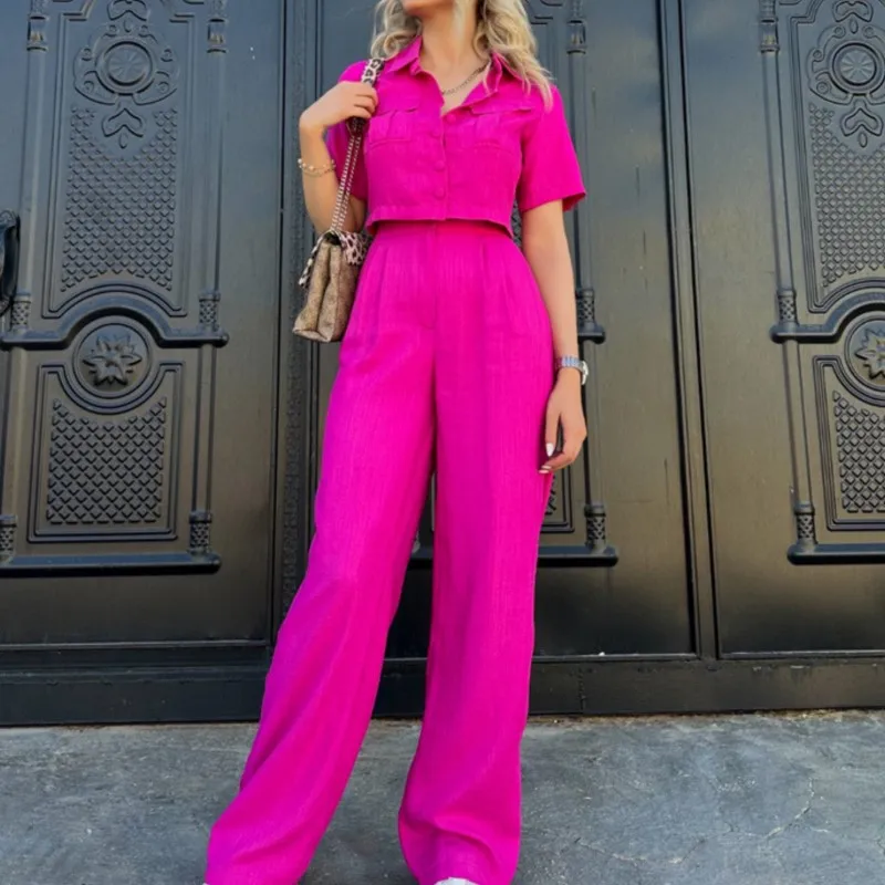 New Commuter Casual Women's Set Polo Collar Pocket Short Sleeve Crop Shirt Wide Leg Pants Minimalist Style Two Piece Sets