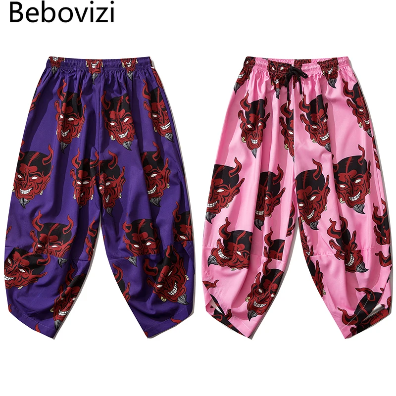 Women Men Casual Traditional Harem Trousers Vintage Japanese Harajuku Demon Print Elastic Waist Pants Pink Thin Kimono Pants