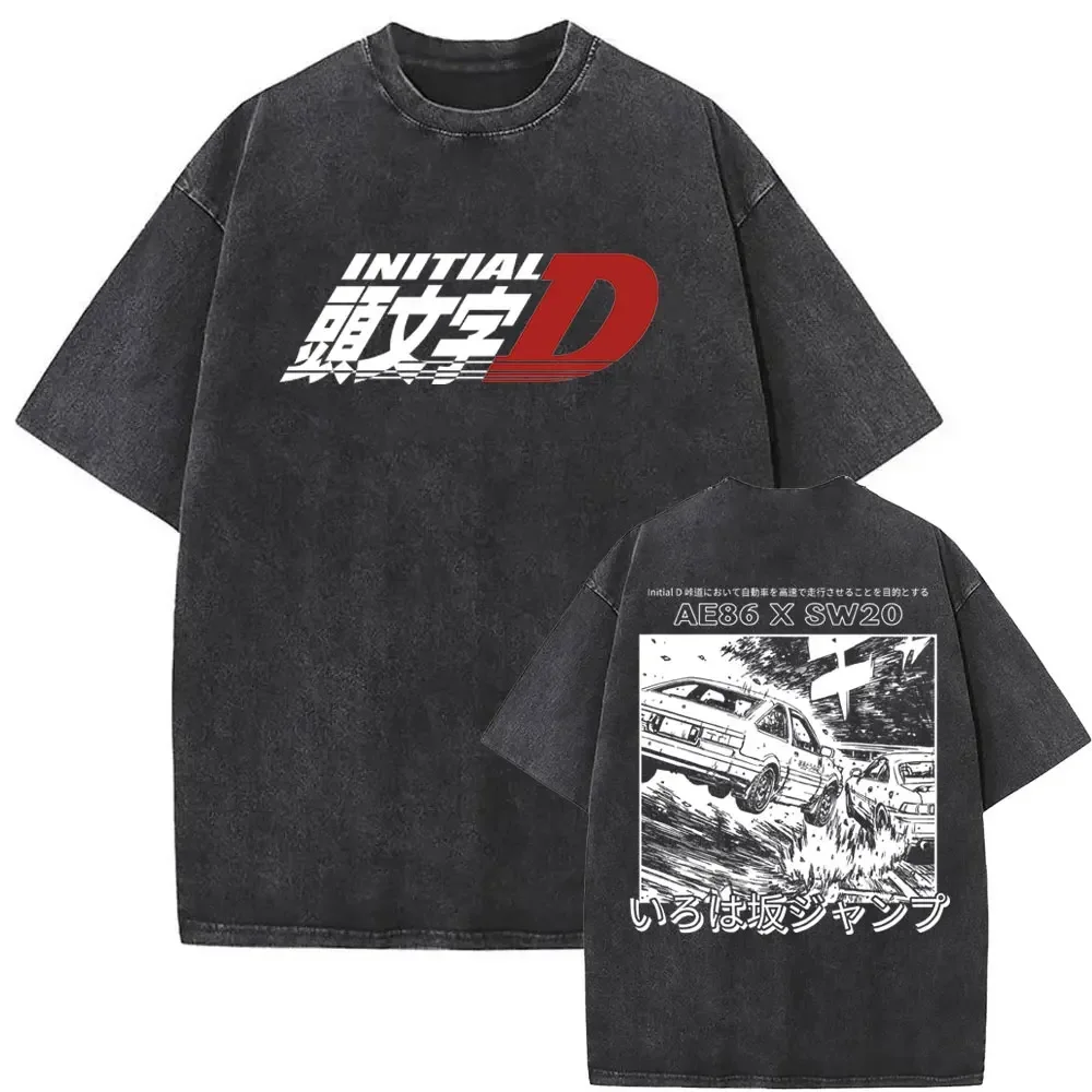 series☆頭文字DコラボINITIALD Vintage Grey Comic Tshirts Washed Vintage Men Women Anime Initial D Fujiwara Takumi