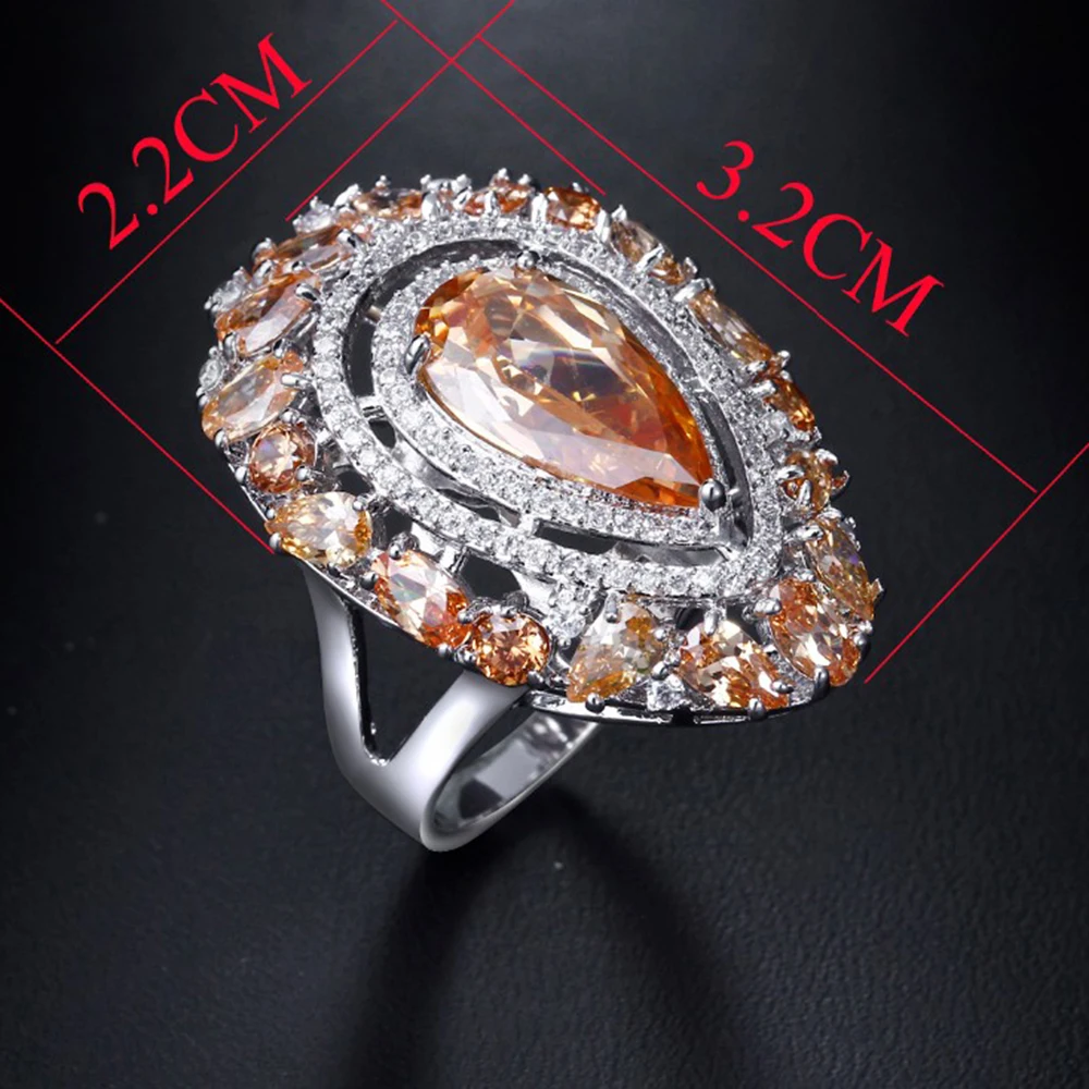 Fashion jewelry Large water drop ring Pave Champagne/Green/White cubic zirconia Brass Metal women rings