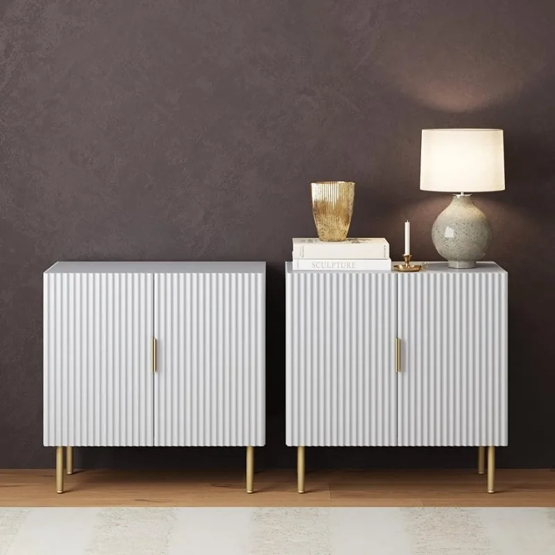 

Modern Storage, Buffet, Sideboard, Free Standing Accent Cabinet for Hallway, Entryway or Living Room, Set of 2, White/Brass