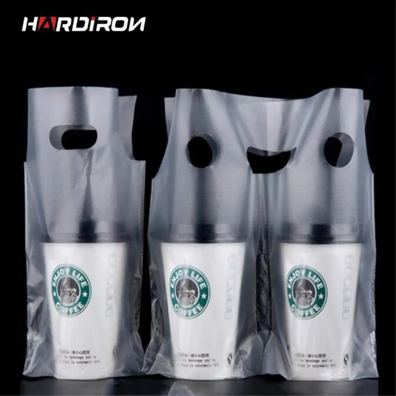 Clear Juice Handle Bags Coffee Tote Bag White Transparent Packaging Pocket Single Double Cup Plastic Bags Cokes Tea Drink Pouch