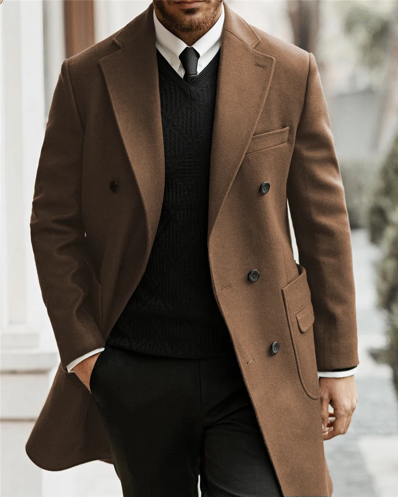 Mens Suit Trench Coat Notched Lapel Double Breasted Long Winter Jacket
