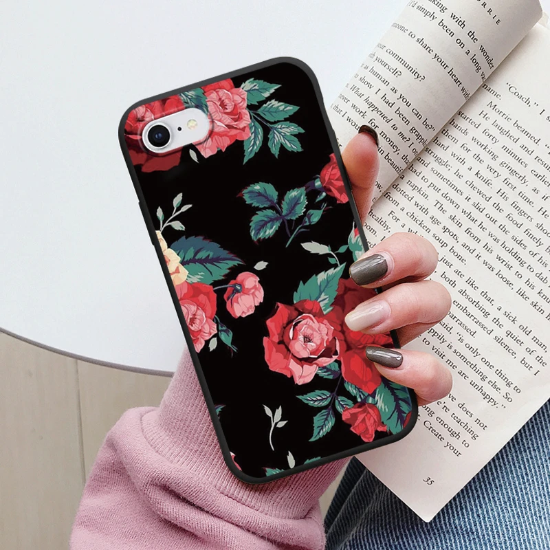 Floral Silicone Phone Case with Cute Cat & Bear Design - Soft Protective Back Cover