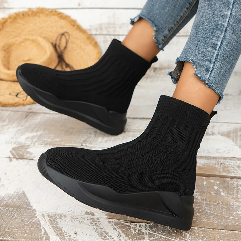 

2023 модные брендовые туфли-носки, дышащие женские высокие кроссовки на плоской подошве, эластичная ткань, повседневная женская обувь