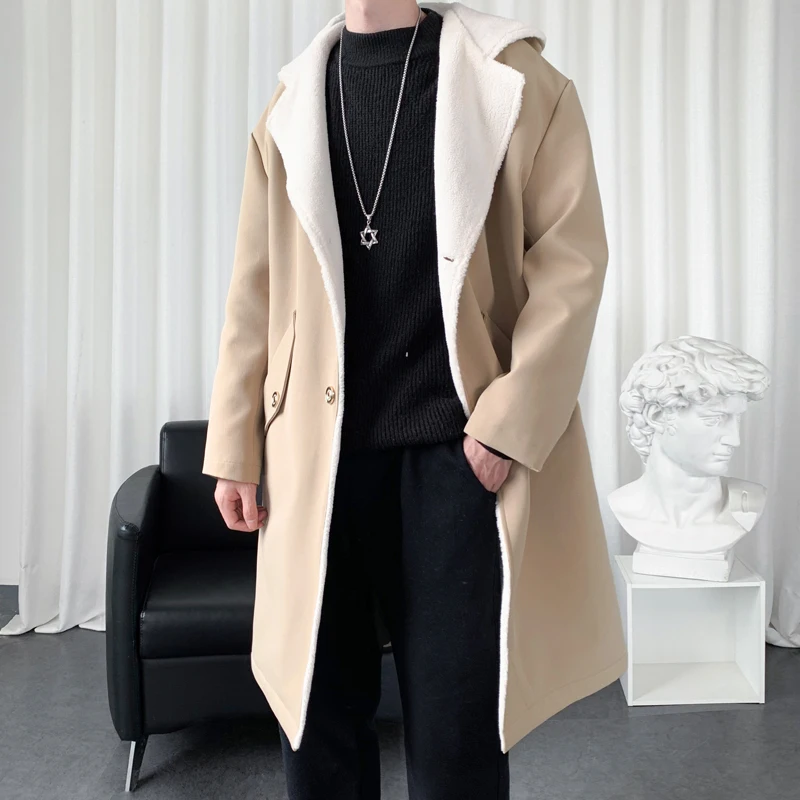 Mens Windbreaker Long Fleece Trench Coat Harajuku Mid-Length