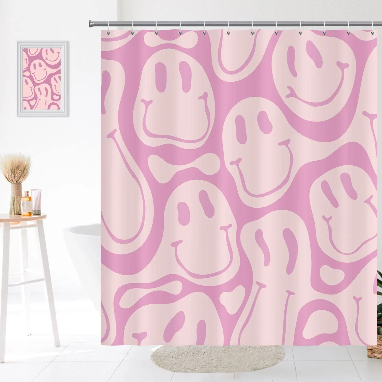 Shower Curtains Retro Shower Curtain 60s 70s Vintage Waterproof Polyester Fabric Bath Curtain Sets Smile Face Pink Aesthetic