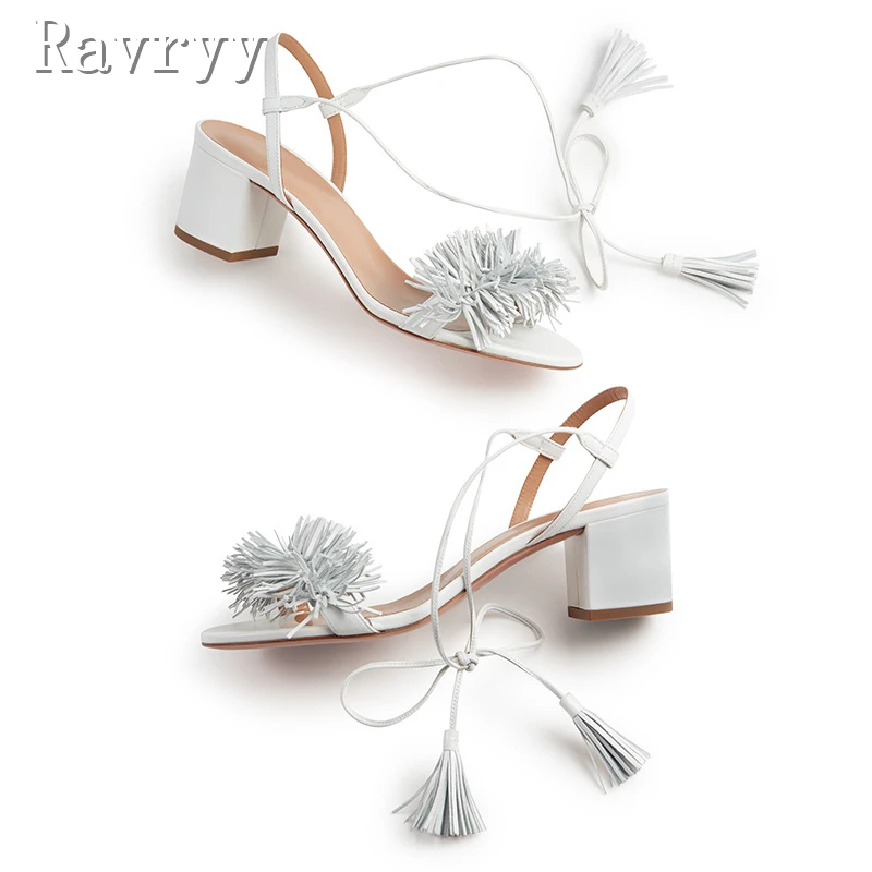 

White Tassel Lock Heels Women Sandals Ankle Strap Lace Up Summer Fringe Sandals Ladies Elegant Party Wedding Shoes