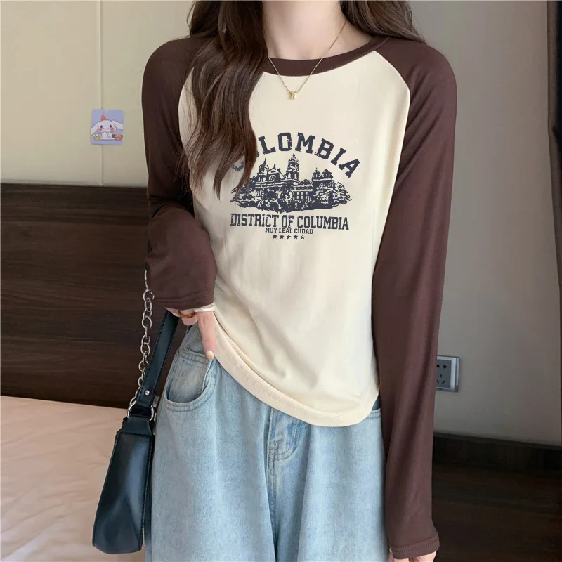 

Autumn Long-sleeved T-shirt Women New Korean Raglan Shoulder Contrast Printing Loose Blouse Women Harajuku Preppy Punk Top Y2k