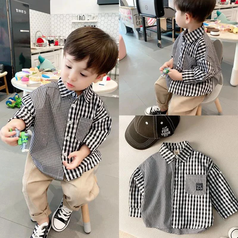 IENENS Kids Shirt Clothes Spring Thin Blouses Clothing Infant Boy Plaid Cotton Tops 1 2 3 4 Years Kids Long Sleeves Shirt
