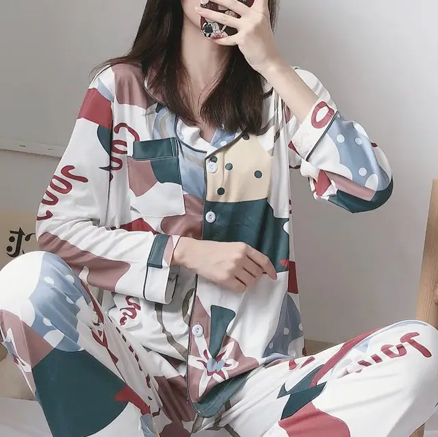 New 2021 Spring Summer Cotton 2 Piece Pajamas Set Women New Printed Colorful Sleepwear Long Sleeve Pajamas Female Sleep Homewear C ZD jihehua