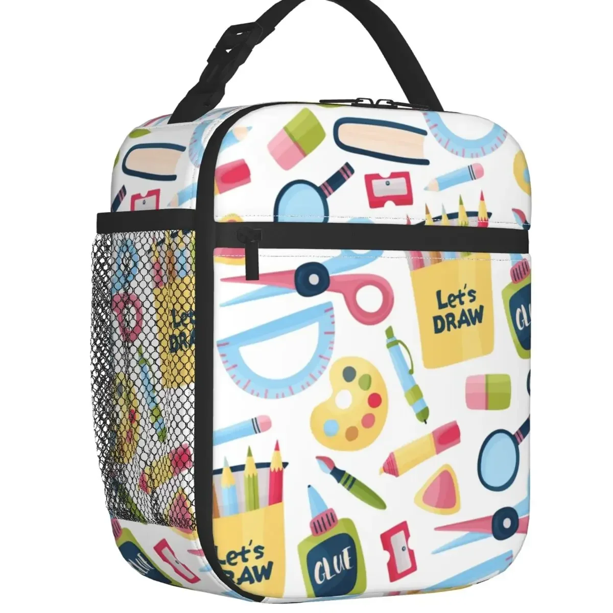 

Back To School Pencil Pattern Design Insulated Lunch Bags for Work School Resuable Cooler Thermal Lunch Box Women Kids