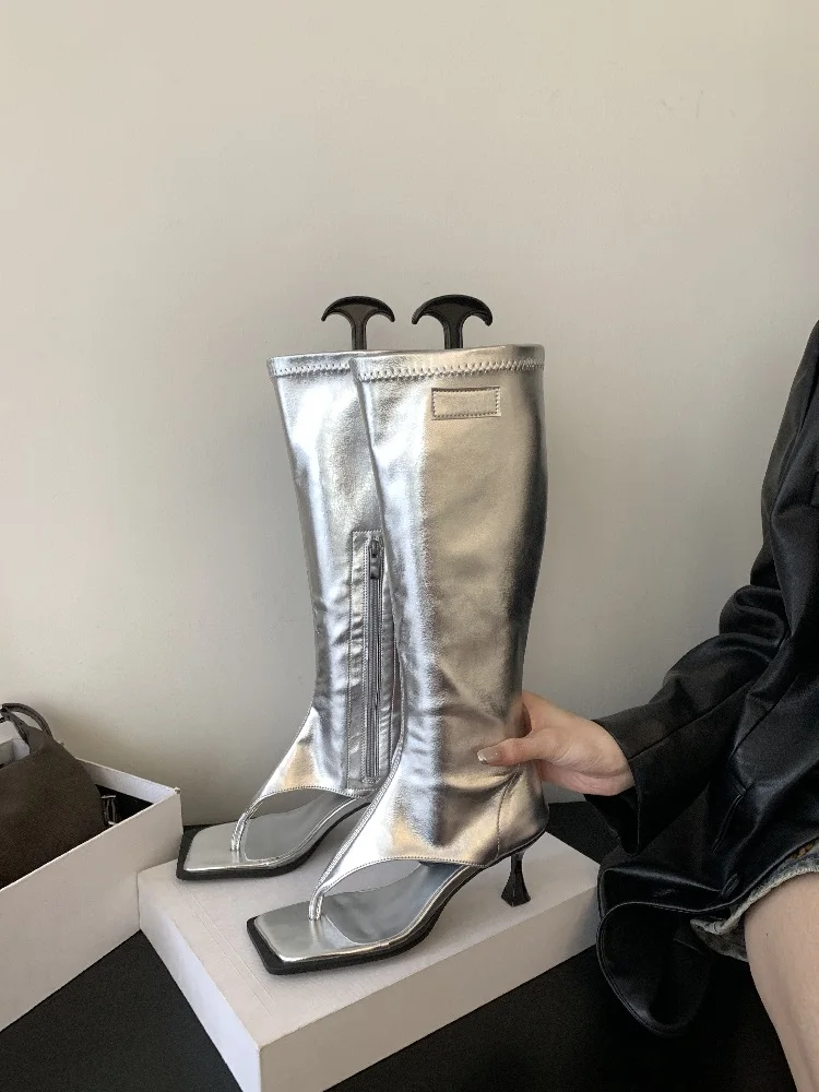 Aneikeh 2025 Sexy PU Square Head Clip Toe Sandals Boots Women's Thin Heel Side Zipper Sewing Chelsea Knee High Boots Party Ball