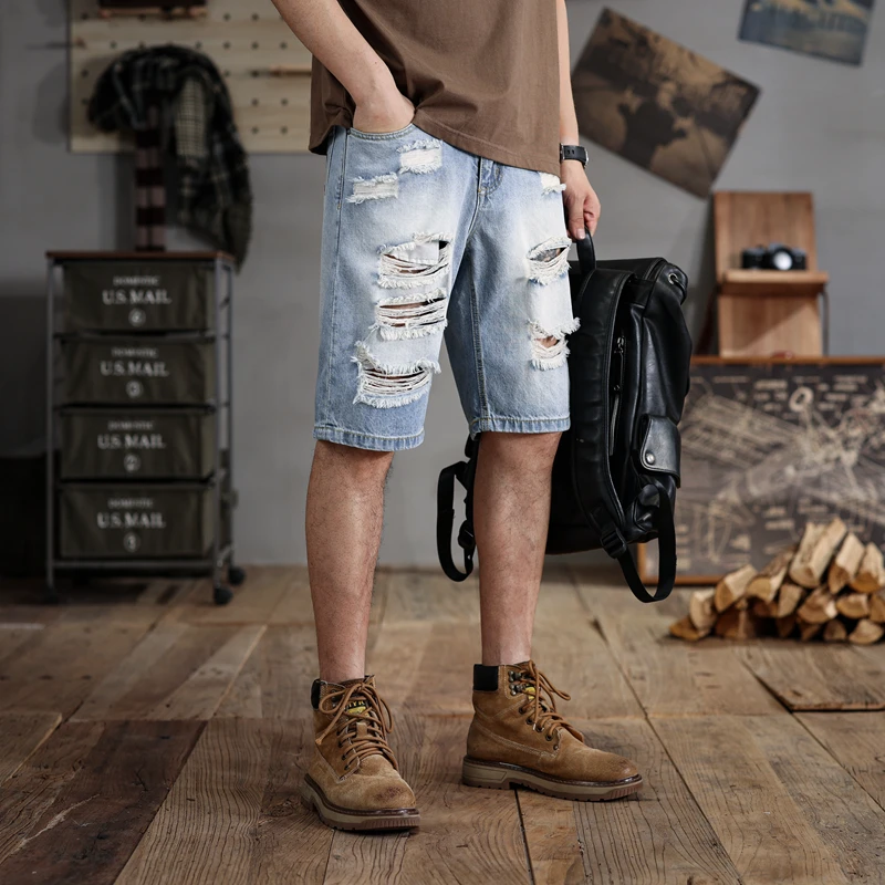 28-48size summer loose large size denim shorts men's ripped fashion trendy middle pants American motorcycle plus-sized shorts