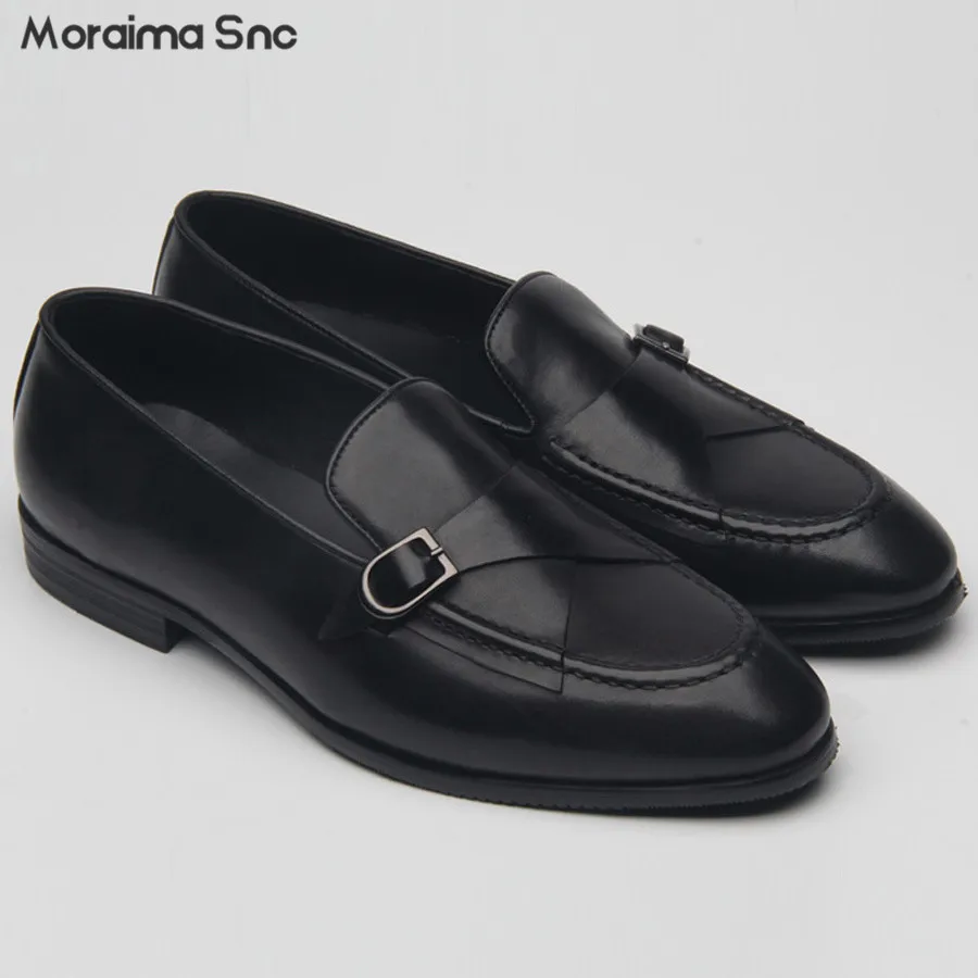 

Black Leather Top Metal Buckle Leather Shoes Personality Head Layer Cowhide Loafers British Style Casual Men's Leather Shoes