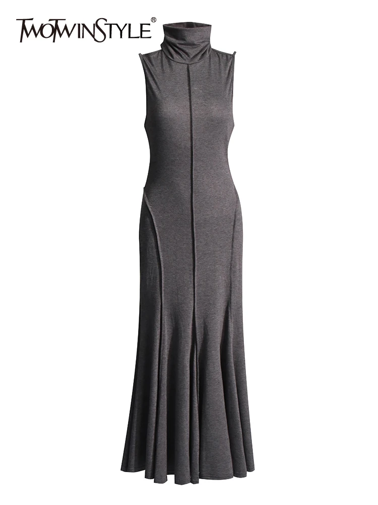 Женское платье без рукавов TWOTWINSTYLE, белое однотонное элегантное платье составного кроя с воротником-стойкой, высокой талией и складками на лето 2019