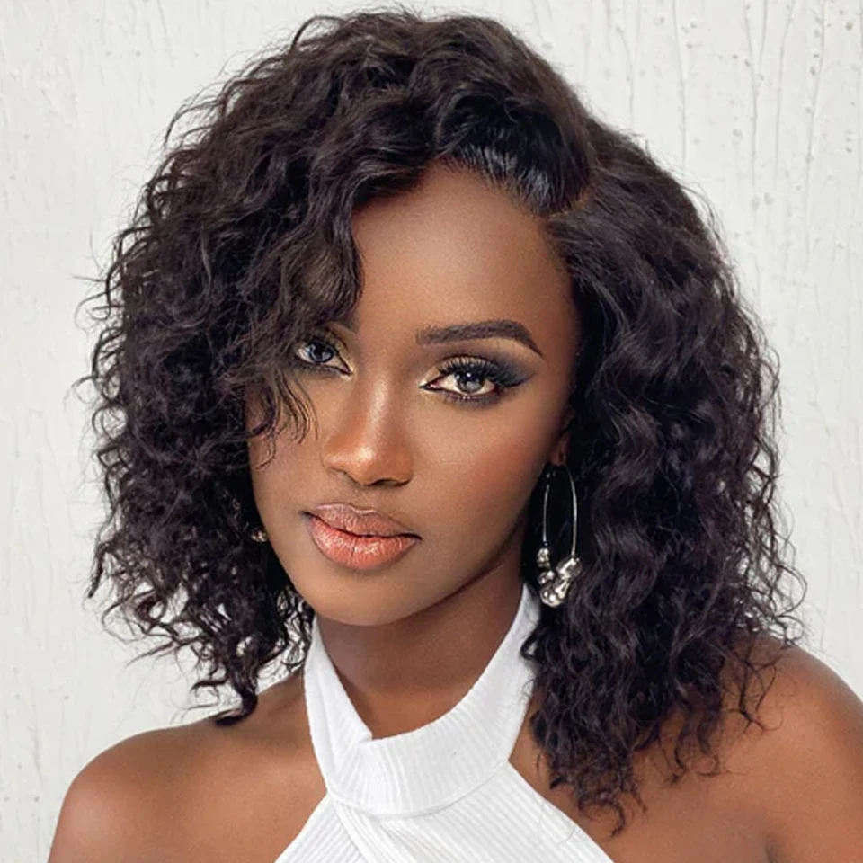 Brazilian Human Hair Lace Front Wigs Water Wave C Parted Glueless Undetectable Minimalist With Bangs Short Curly Bob