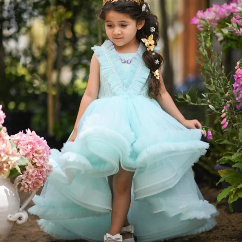 

Cyan Flower Girl Dresses Tulle Puffy High Low Skirt With Zipper Sleevesless For Wedding Birthday Party Banquet Princess Gowns