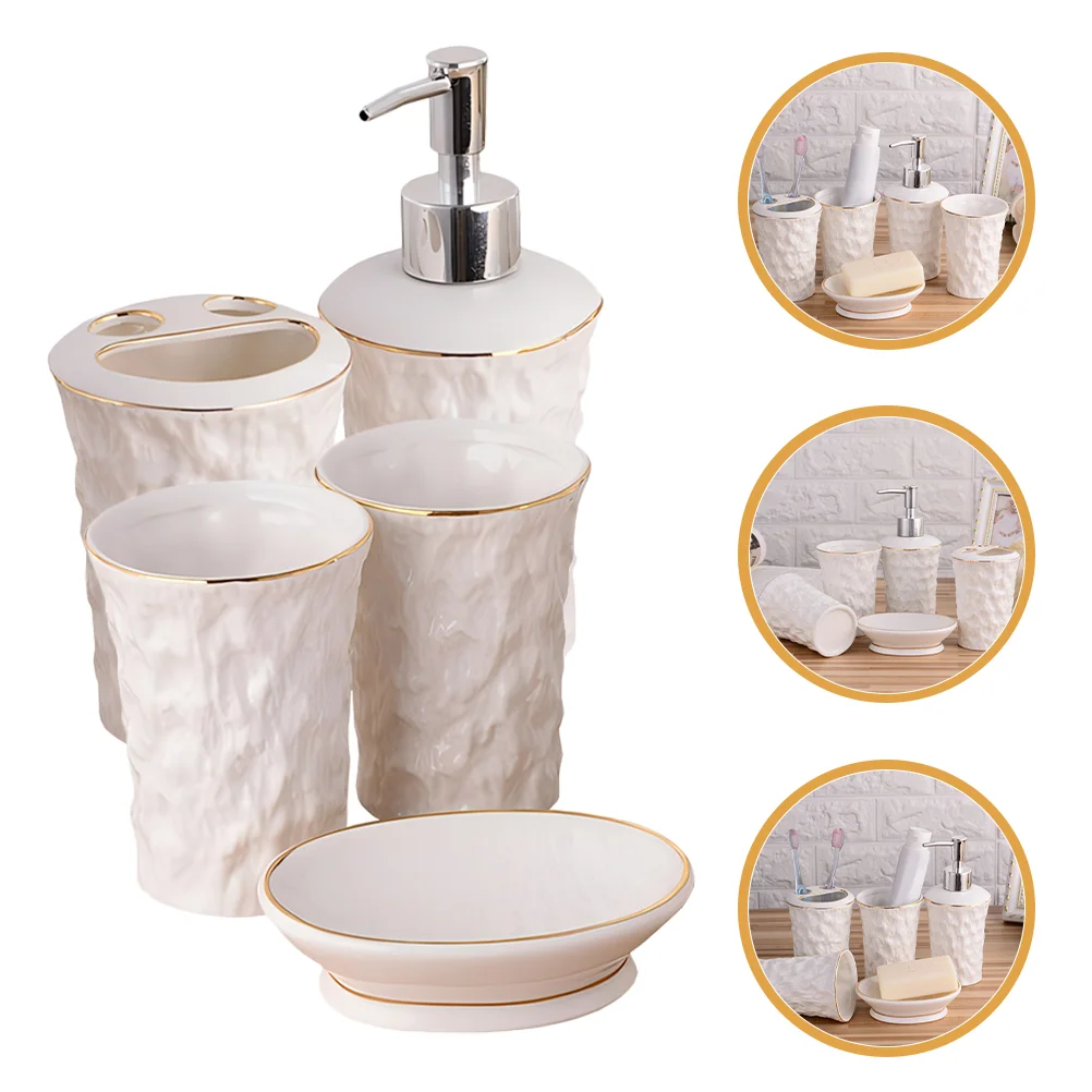 

Five Piece Bathroom Set Soap Dispenser Bottle Cotton Swabs Jar Portable Travel Ceramics Hand Accessories