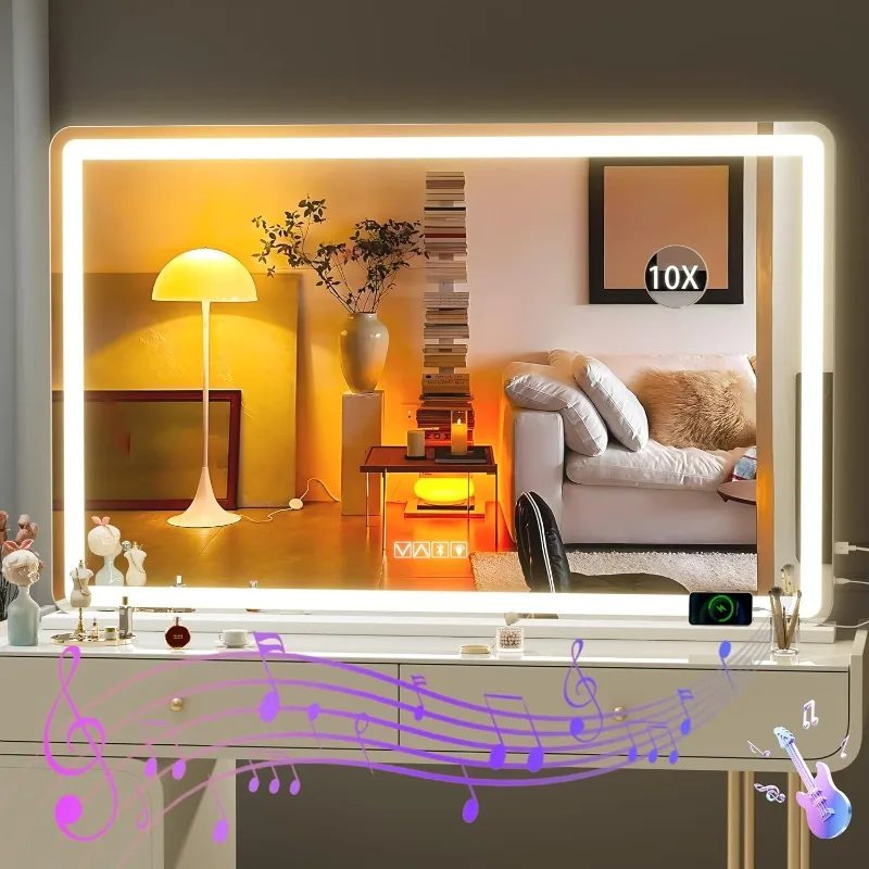 Vanity Mirror with Lights and Bluetooth Speaker, 47.2" x 29.5" LED Makeup Mirror, Lighted Makeup Mirror with Dimmable 3 Modes