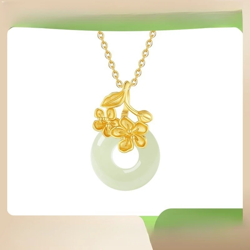 

Natural Hetian Jade Peace Buckle Necklace s999 Silver Peach Blossom Clavicle Chain Women's Gift Accessories