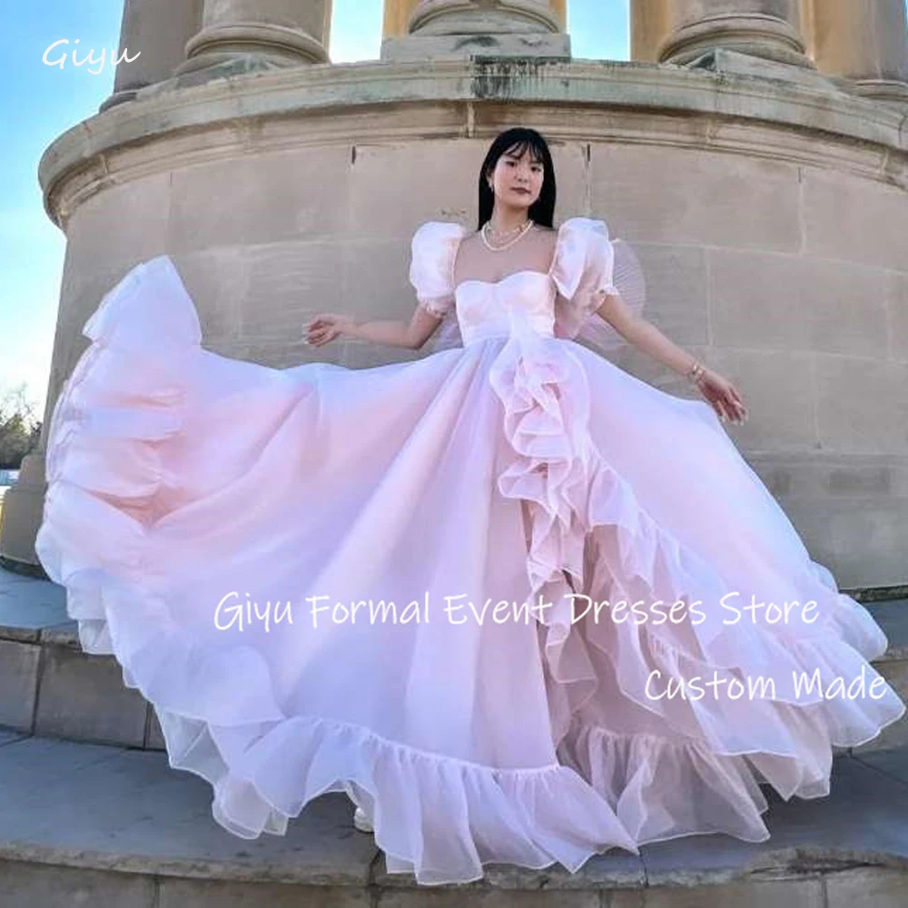 

Giyu Princess Pink Organza Evening Dresses Short Sleeves Sweetheart Ruffles Evening Gowns Birtday Formal Party Dress 2024