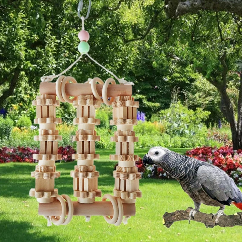 LUCKITTY Large Bird Toy, Natural Wooden Parrots Toy With Colorful Edible Blocks For Macaws African Grey Parrots Cockatoos, Bird Chewing Toy For Gifts