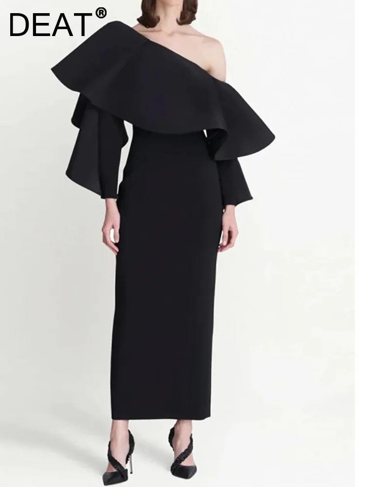 

DEAT Elegant Dress Single Shoulder Long Sleeve Patchwork Ruffles Women Customized Evening Dress 2024 Spring New Fashion 13DB3477