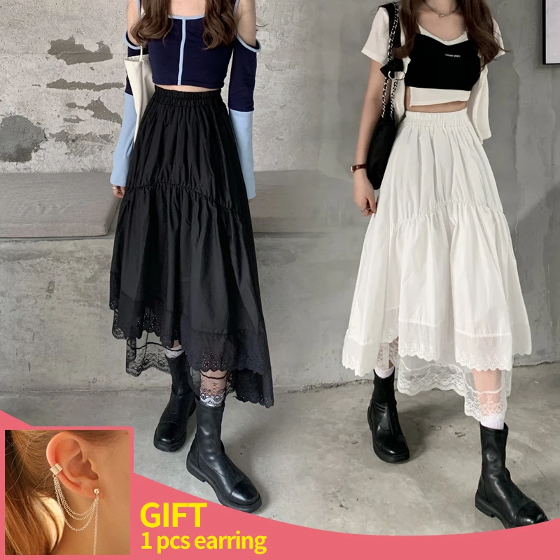 pleated skirt Spring Summer Women Skirts Vintage High Waist Elastic Patchwork White Black Chic Long A-line Skirt Korean Hip Hop Streetwear skirts for women