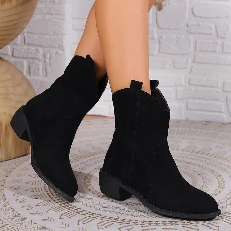 

Женские ботинки 2023, Брендовые женские ботинки до середины икры, современные ботинки без шнуровки, женская обувь с острым носком и квадратным каблуком, женская обувь