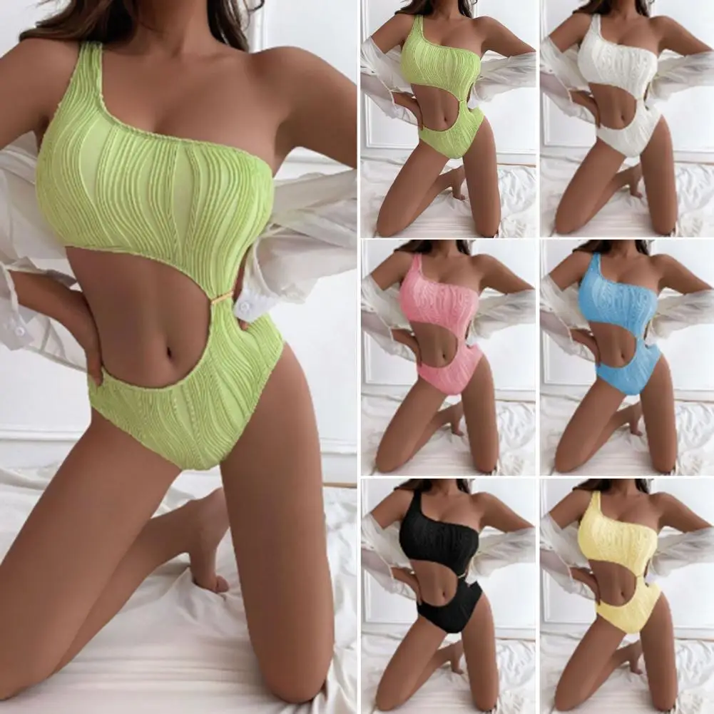 

Women Monokini Solid Color Striped One Shoulder Hollow Out Backless Swimming Slim Fit High Waist Lady Swimwear Water Sports Clot
