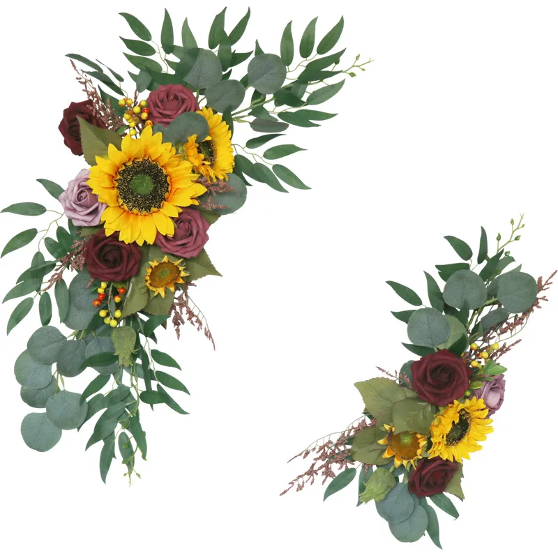 

2pcs Artificial Flowers Sunflower Wedding Backdrop Wreath Decor Welcome Card Sign Corner Wall Props Arrange Arch Fake Flower Row