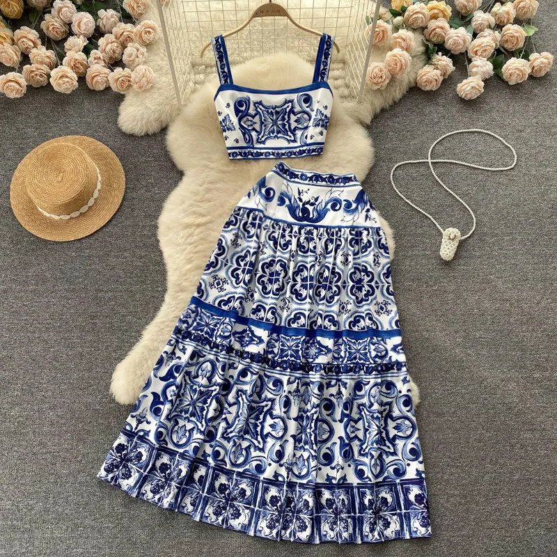 

Summer Blue White Porcelain Print Suit Waist Sling Small Vest High Waist Mid Length Skirt