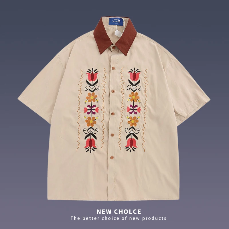 

Japanese Retro Small Flower Embroiderey Shirt For Men Short Sleeve Shirts Coats Summer Fashion Hip Hop Cotton Loose Jacket Khaki