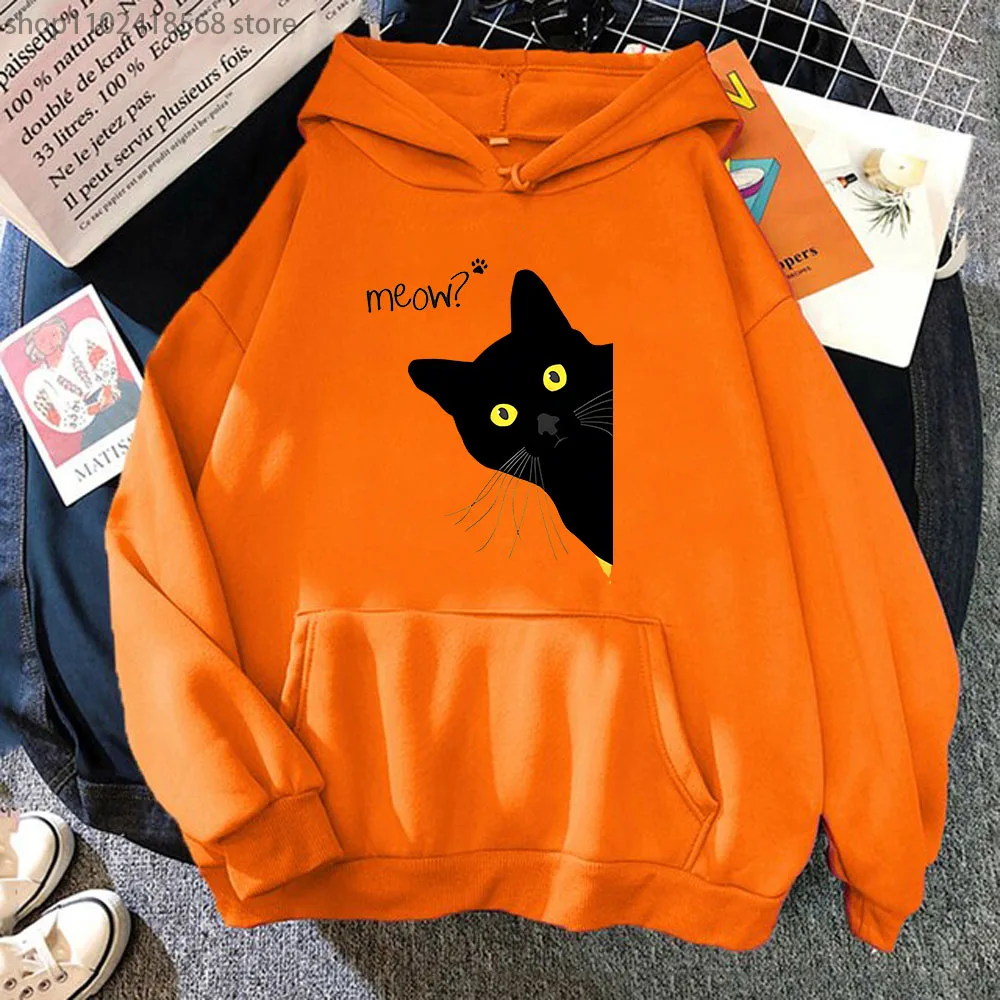 Meow Black Cat Hoodies Funny Printing Sweatshirts Men Autumn Winter Clothes Kawaii Cute Tops Kpop Streetwear Women Sudadera Coat