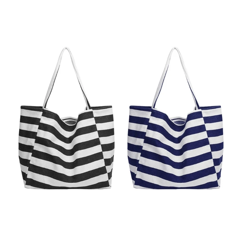 

Fashion Striped Canvas Tote Handbag Reusable Large Capacity Beach Shoulder Bag