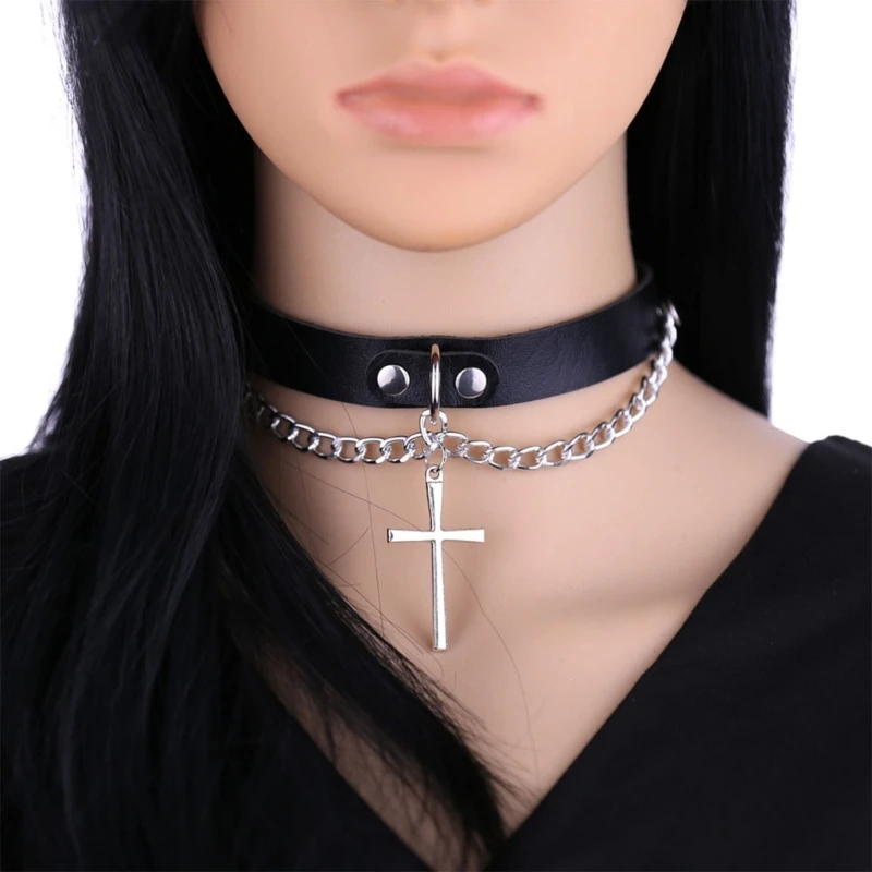 

Metal Chain Leather Punk Choker Necklace Gothic Collar Neckband for Womens