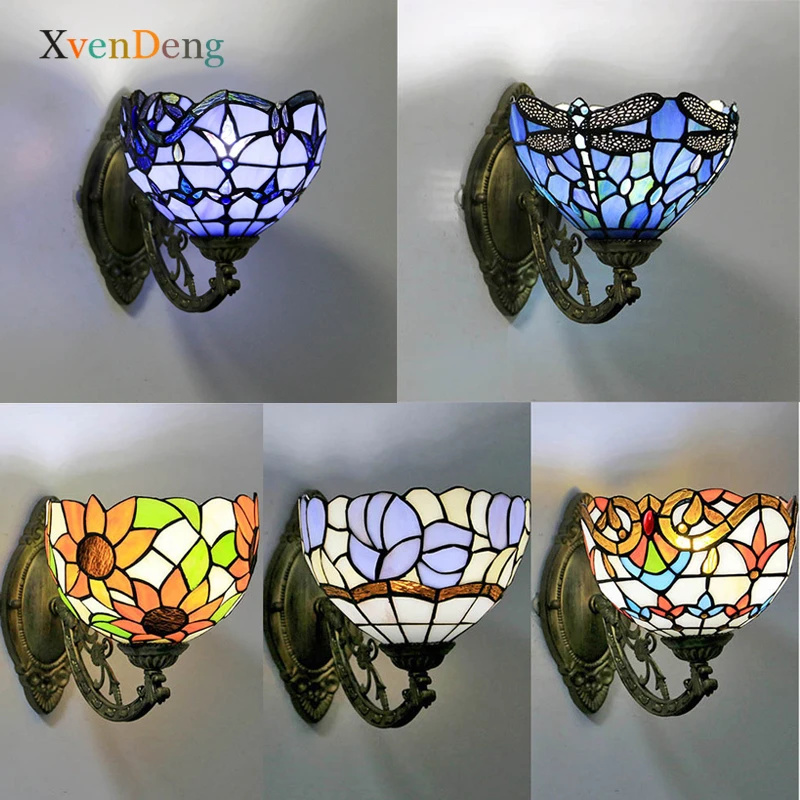 

Настенная лампа Тиффани Стрекоза для спальни, Средиземноморское барочное витражное стекло, настенное бра, осветительные приборы, украшение для гостиной